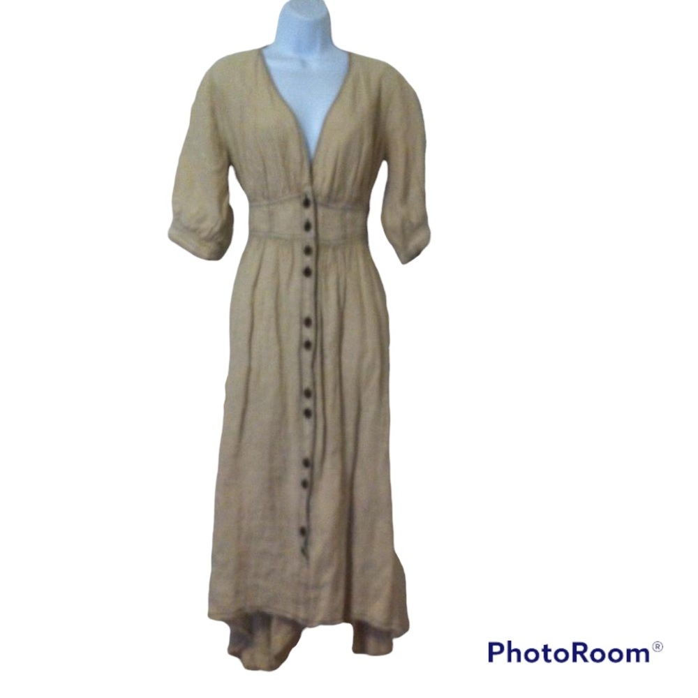 ZARA Woman Premium Denim Collection 100% Linen Topstitch Bohemian Midi Dress